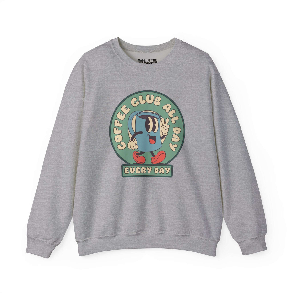 Gray sweatshirt featuring "Coffee Club All Day Every Day" design with cartoon coffee cup, promoting love for coffee.