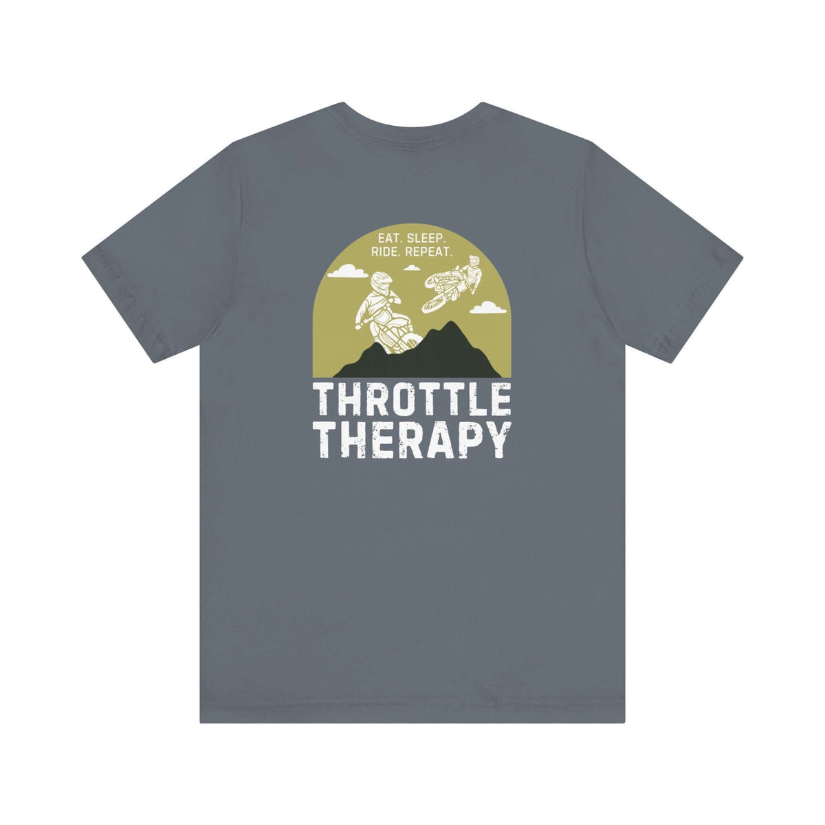 "Throttle Therapy tee with dirt bikers jumping over mountains, perfect for motocross enthusiasts seeking adventure and high-octane thrills."