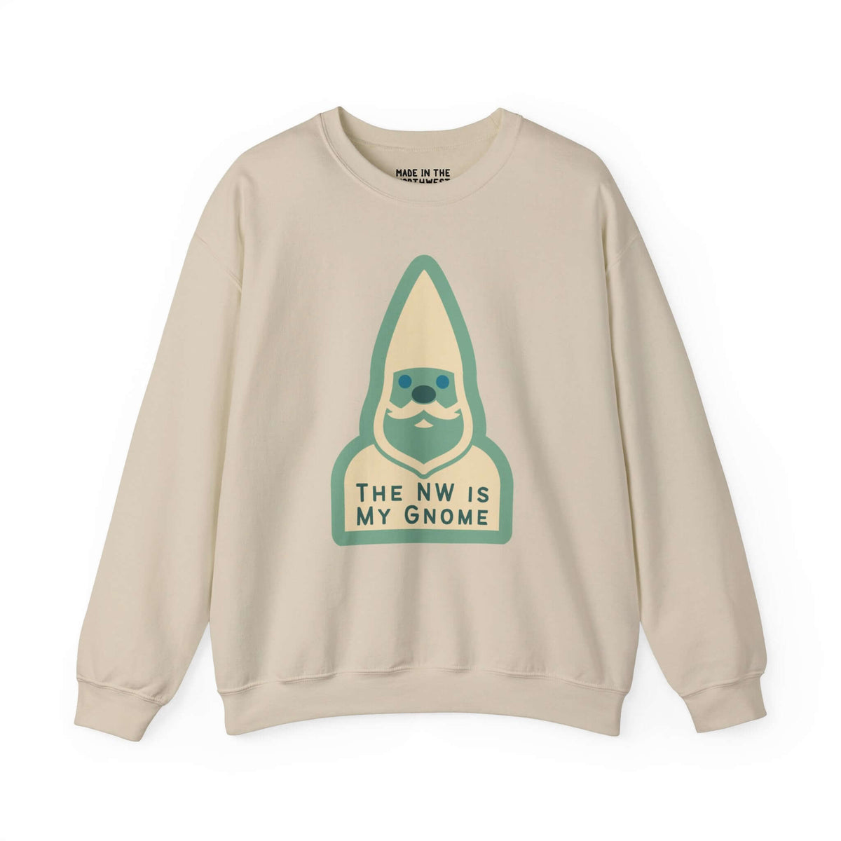 "The NW is My Gnome Sweatshirt featuring playful gnome design in beige, perfect for Pacific Northwest and gnome enthusiasts."