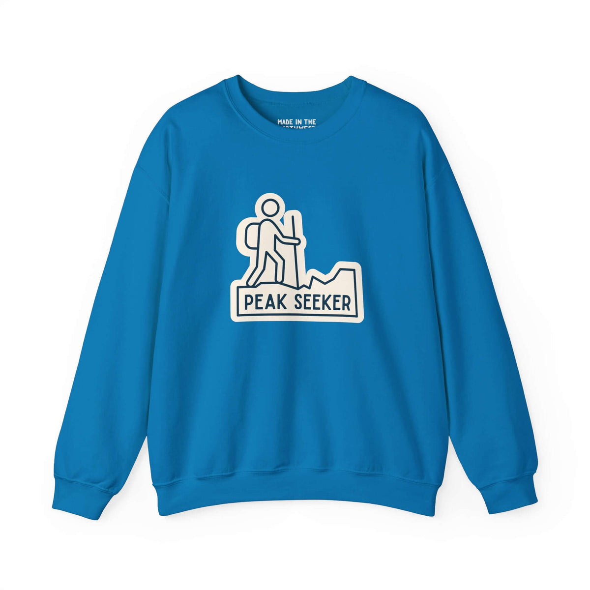 Blue Peak Seekers sweatshirt with hiking graphic, perfect for mountain lovers and outdoor adventures.