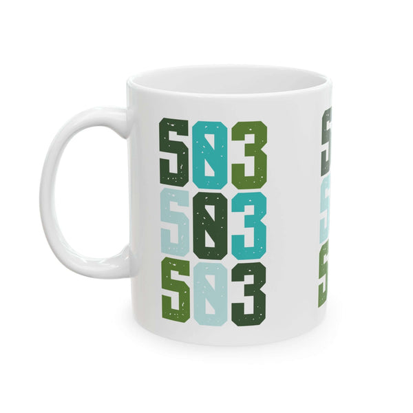 Five-Oh-Three Pop Ceramic Mug with colorful stacked 503 design, perfect for coffee lovers in Portland.
