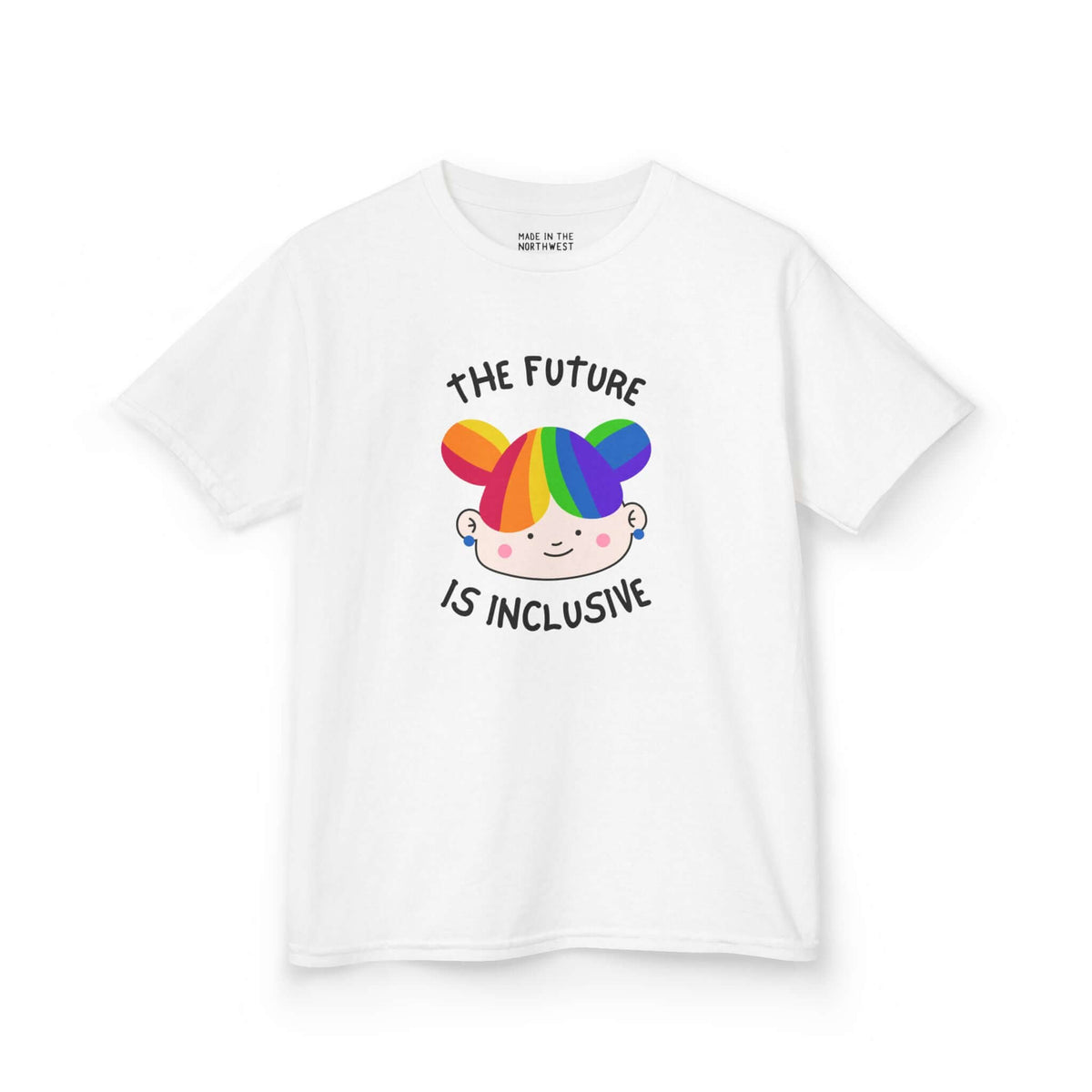 White kids' tee with rainbow-haired character and 'The Future is Inclusive' slogan, promoting kindness and acceptance.
