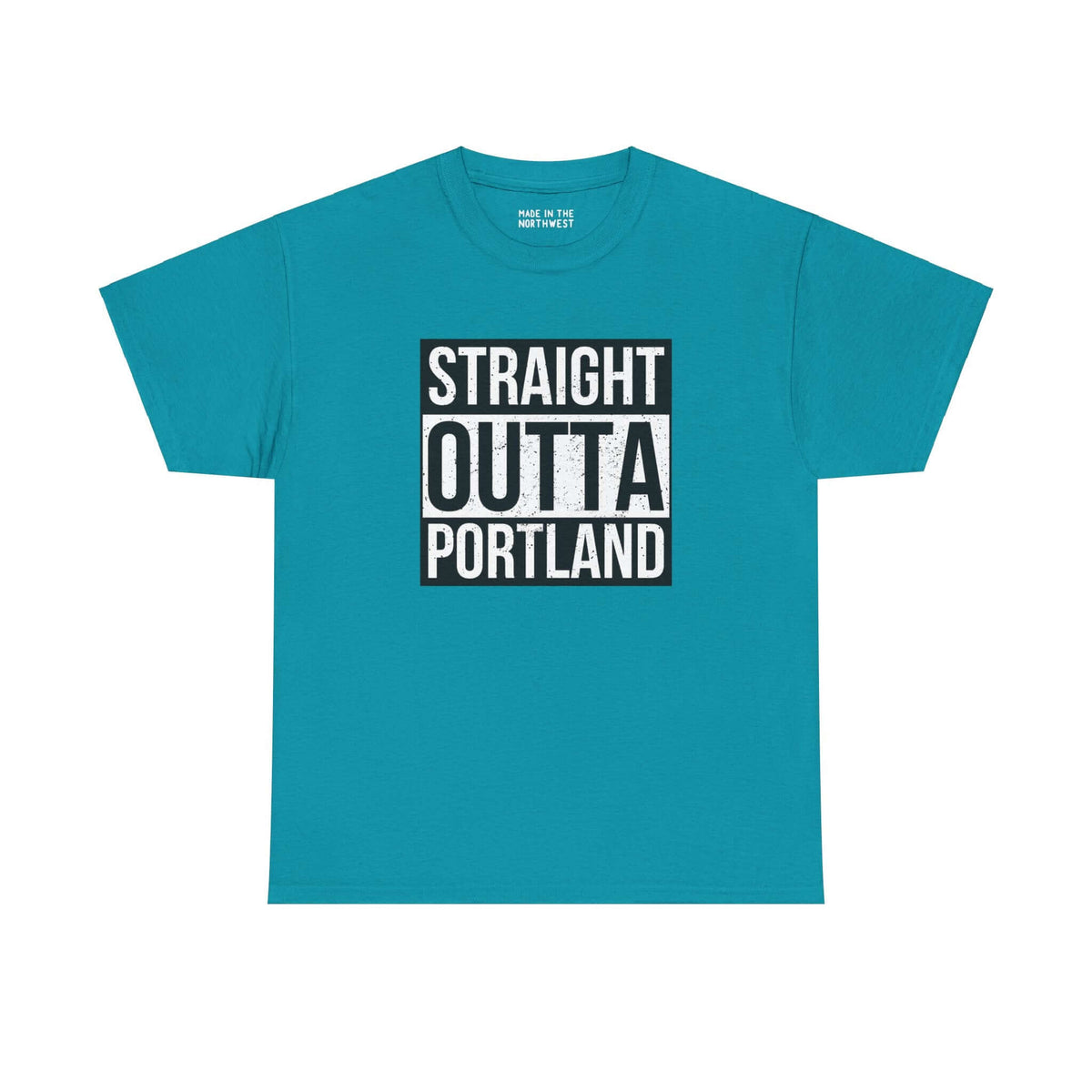 Teal Straight Outta Portland T-shirt featuring bold text design, streetwear-inspired, perfect for showing city pride and local love.