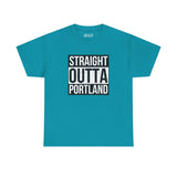 Teal Straight Outta Portland T-shirt featuring bold text design, streetwear-inspired, perfect for showing city pride and local love.