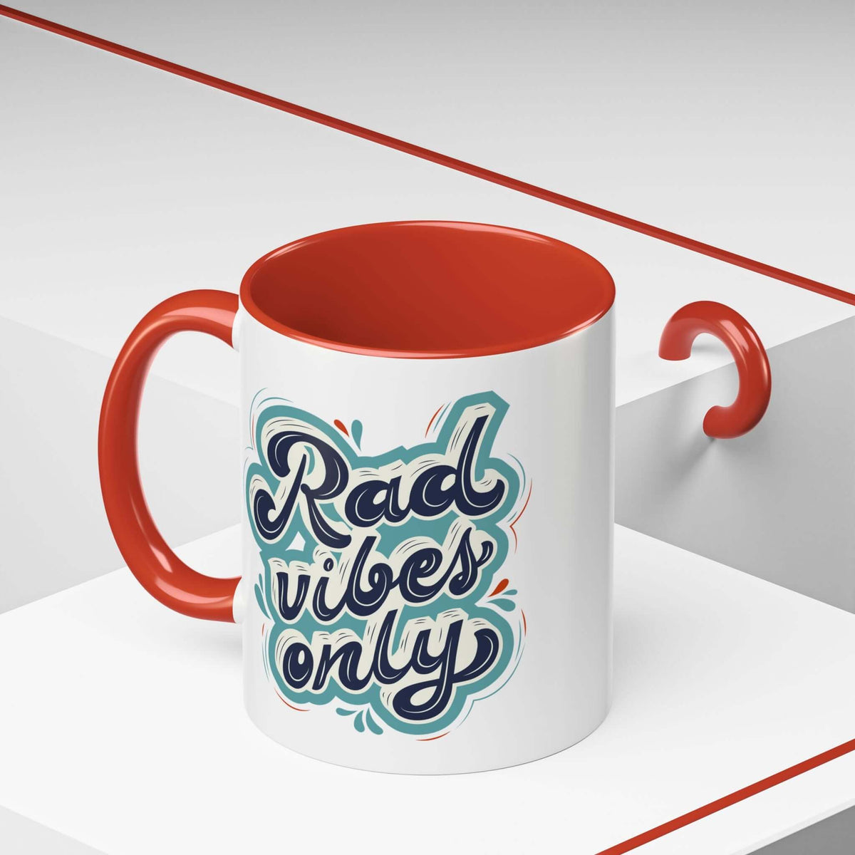 Rad Vibes Only Mug with a glossy white exterior and vibrant red interior, featuring playful lettering.