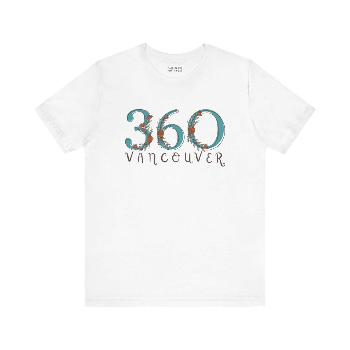 Women's 360 Floral Vancouver Tee in White, Pacific Northwest Style, Nature-Inspired Design, Comfortable and Stylish Casual Wear.