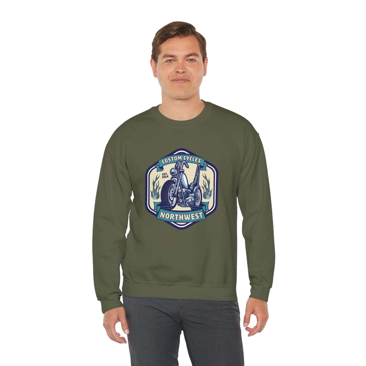 Man wearing a Custom Cycles Northwest sweatshirt featuring a motorcycle design, perfect for motorcycle enthusiasts.