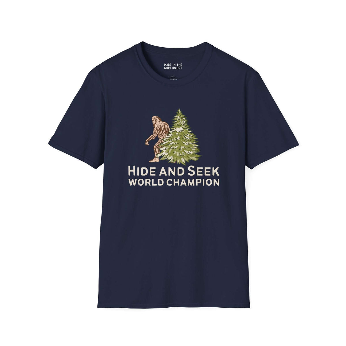 Bigfoot Hide and Seek World Champion softstyle t-shirt with tree design, perfect for outdoor enthusiasts.