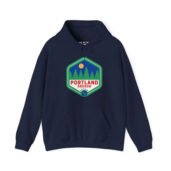 Portland Oregon retro hoodie with 90s-inspired forest badge, celebrating the Pacific Northwest's urban and natural beauty.