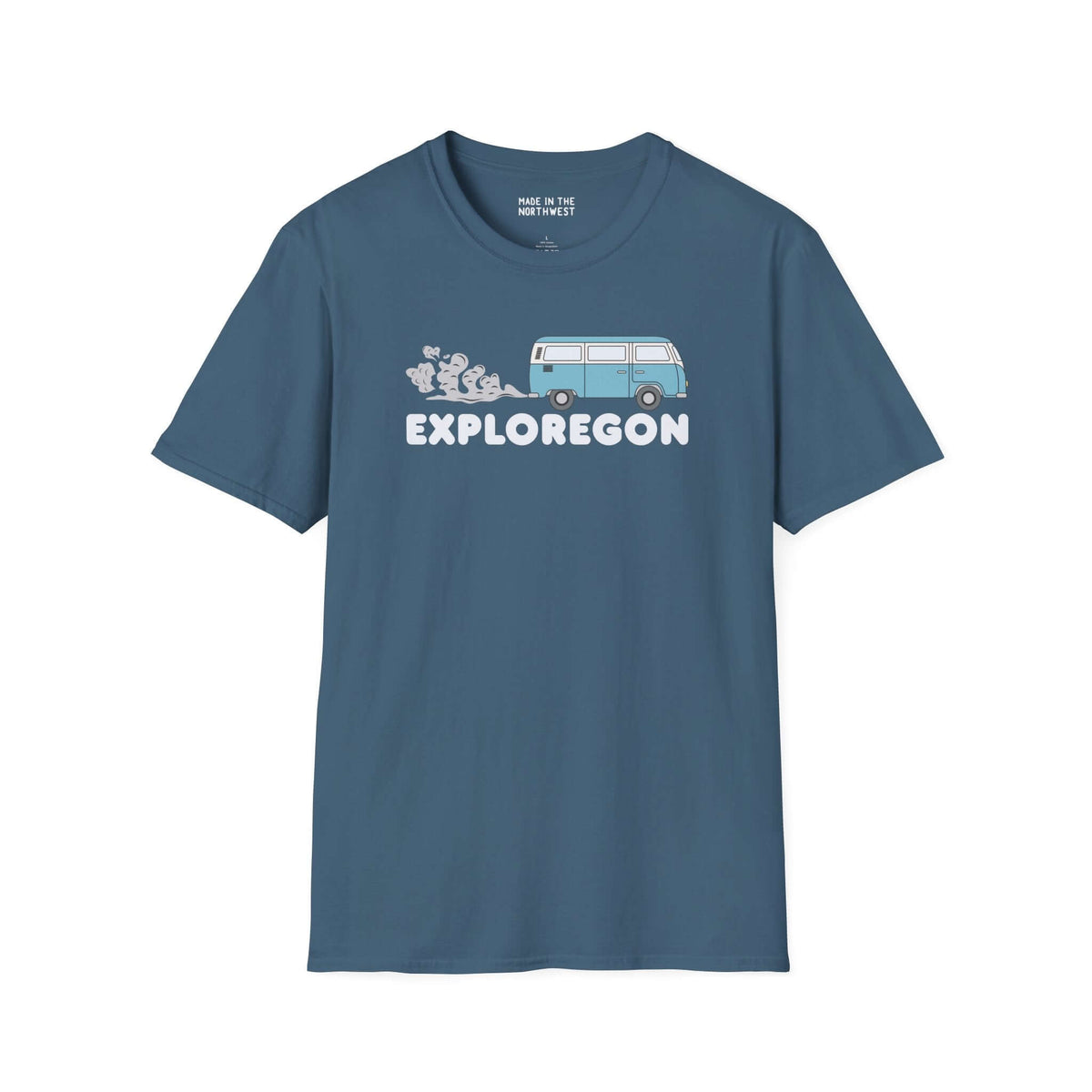 Exploregon Adventure Van softstyle t-shirt featuring retro van design and bold lettering for outdoor enthusiasts.