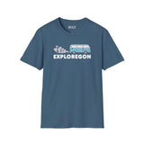 Exploregon Adventure Van softstyle t-shirt featuring retro van design and bold lettering for outdoor enthusiasts.