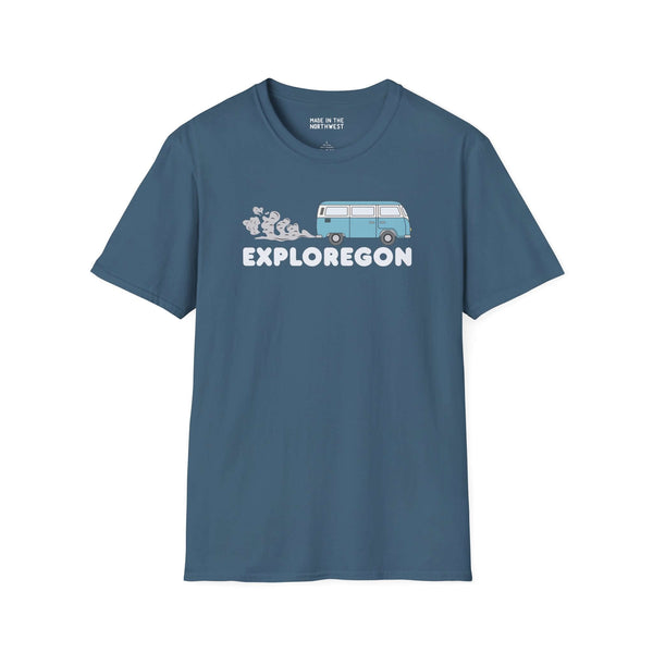 Exploregon Adventure Van softstyle t-shirt featuring retro van design and bold lettering for outdoor enthusiasts.