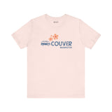 Groovy VAN-Couver Vibes Premium Soft Tee featuring retro van graphic and floral accents.