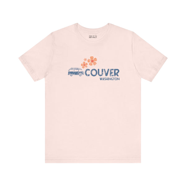 Groovy VAN-Couver Vibes Premium Soft Tee featuring retro van graphic and floral accents.