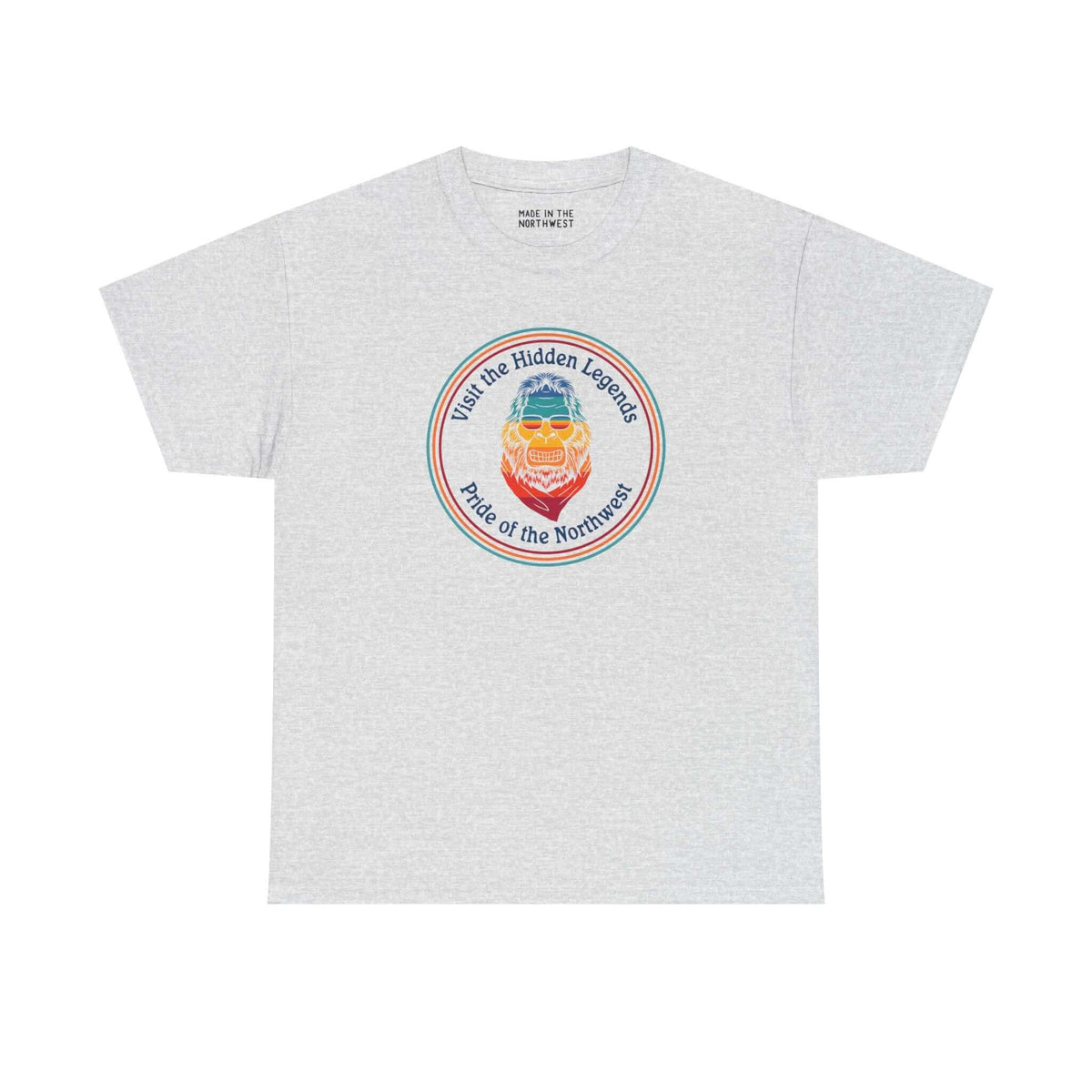 Hidden Legends Pride of the Northwest athletic tee featuring a vibrant Bigfoot design on a gray shirt.