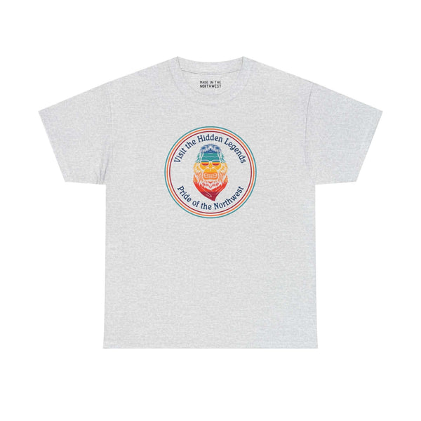 Hidden Legends Pride of the Northwest athletic tee featuring a vibrant Bigfoot design on a gray shirt.