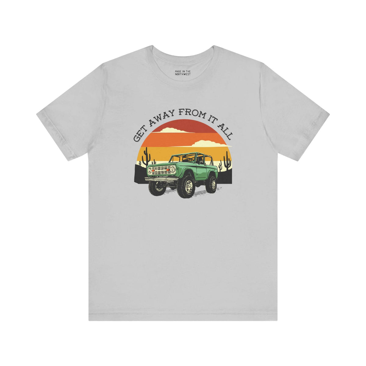 Vintage Bronco graphic tee with sunset design ideal for adventure lovers and those seeking freedom from daily life.