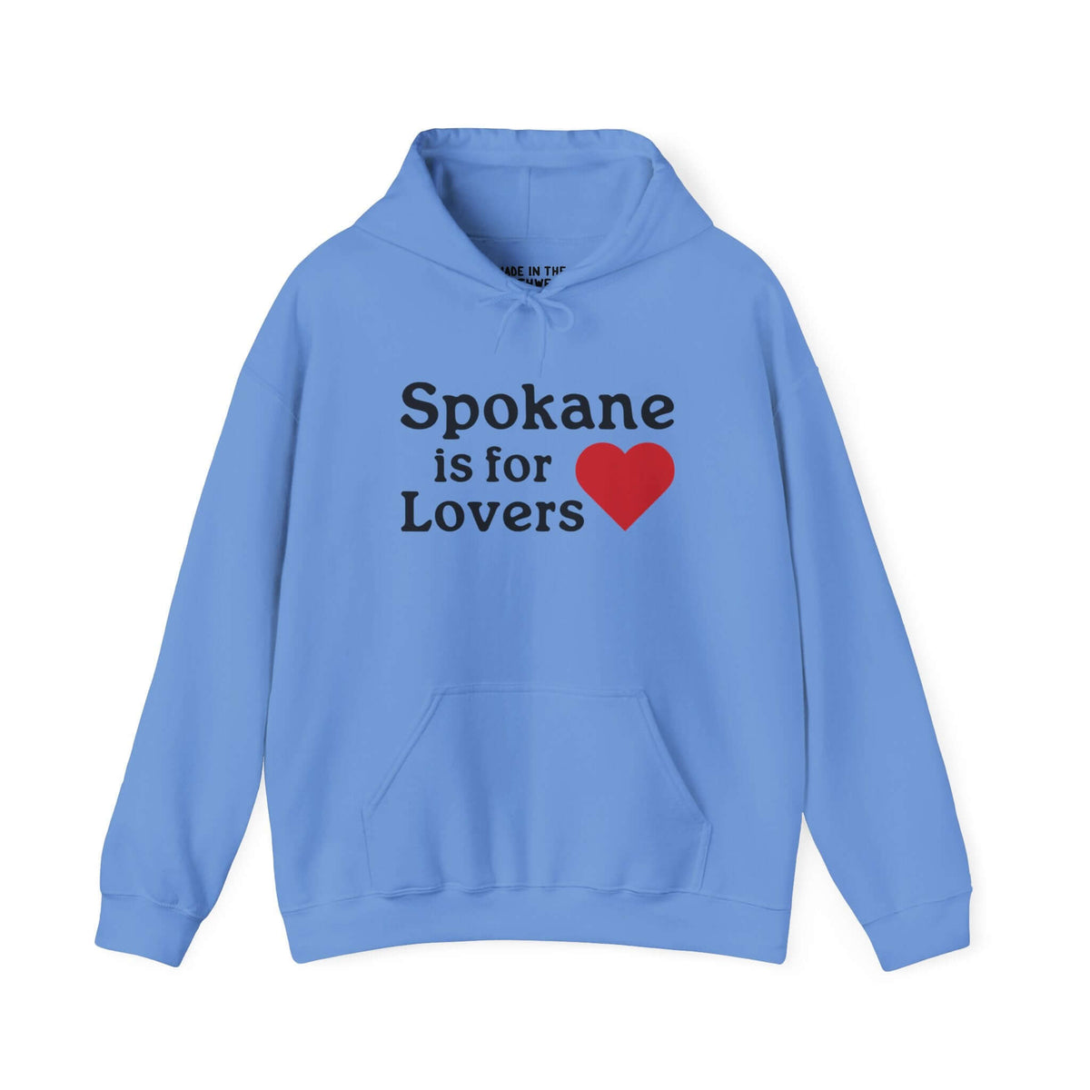 Blue hoodie with "Spokane is for Lovers" text and red heart, celebrating Spokane pride and the Lilac City.