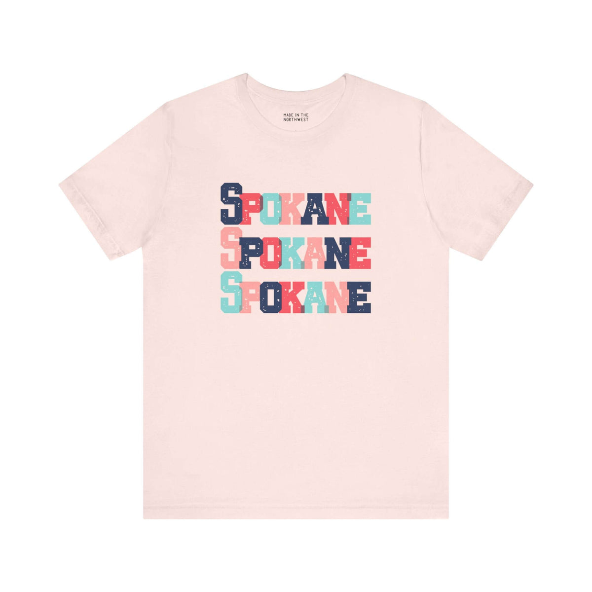 Spokane Trio Soft Tee with colorful block-letter design, celebrating Spokane, perfect for locals and fans of Lilac City.