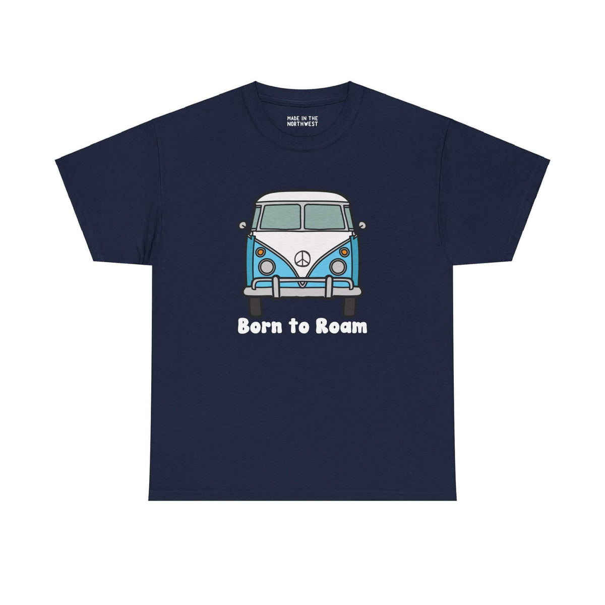 "Born to Roam athletic tee featuring classic vanagon bus with peace sign graphic on a navy shirt, embracing nomadic lifestyle."