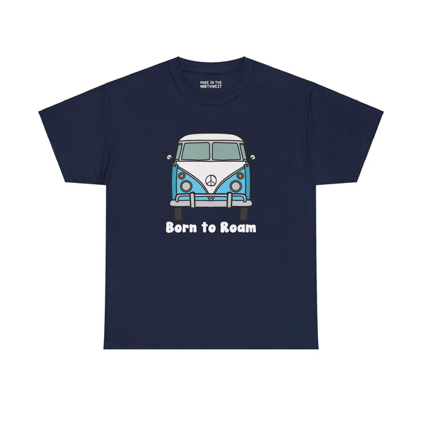 "Born to Roam athletic tee featuring classic vanagon bus with peace sign graphic on a navy shirt, embracing nomadic lifestyle."