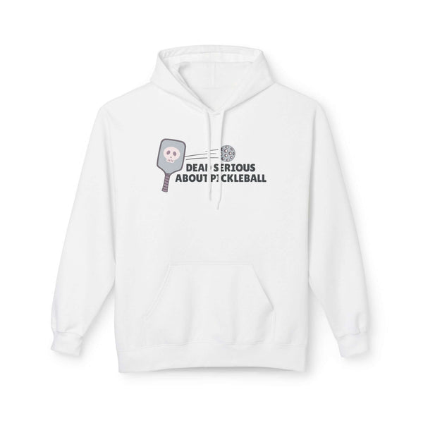 Dead Serious About Pickleball hoodie featuring a graphic of a skull-decorated paddle and pickleball.