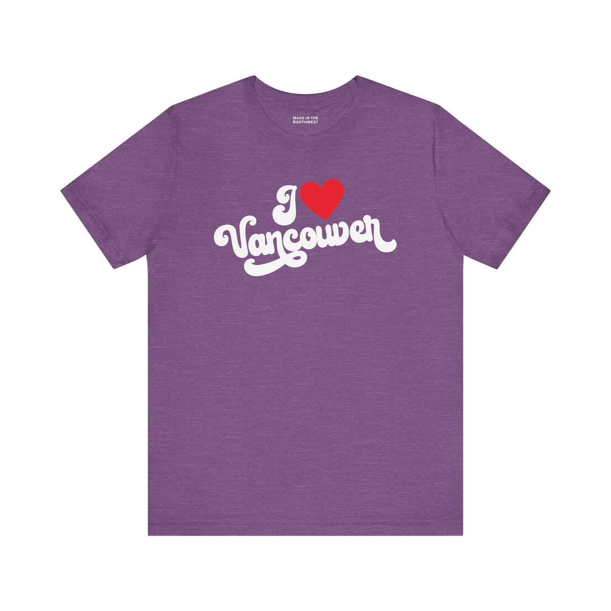 I love Vancouver t shirt in purple with cursive design, showcasing Washington hometown pride.