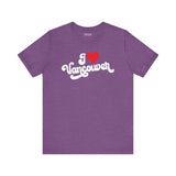 I love Vancouver t shirt in purple with cursive design, showcasing Washington hometown pride.