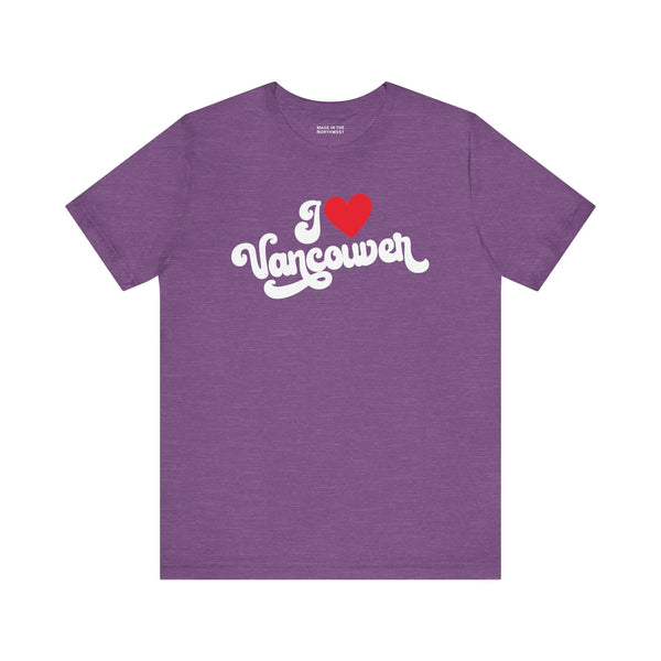 I love Vancouver t shirt in purple with cursive design, showcasing Washington hometown pride.