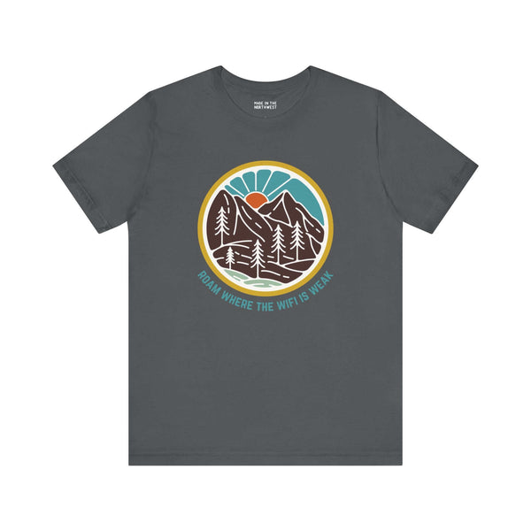 "Roam Where the Wifi is Weak hiking tee with colorful forest design, ideal for nature lovers seeking adventure off the grid"