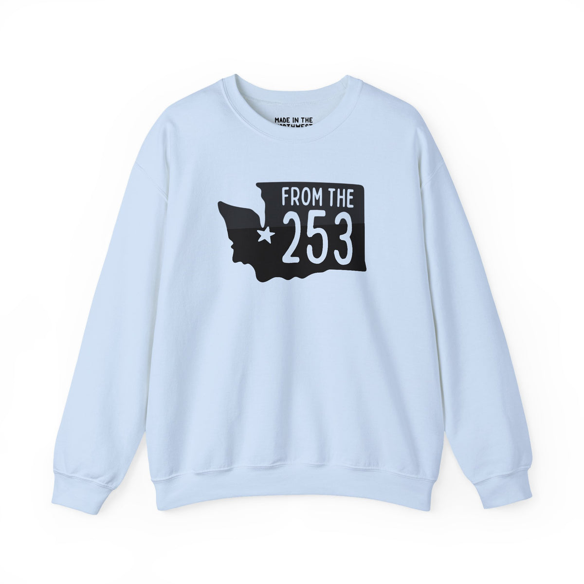 Light blue sweatshirt with 'From the 253' text and Washington state silhouette highlighting Tacoma.