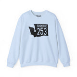 Light blue sweatshirt with 'From the 253' text and Washington state silhouette highlighting Tacoma.