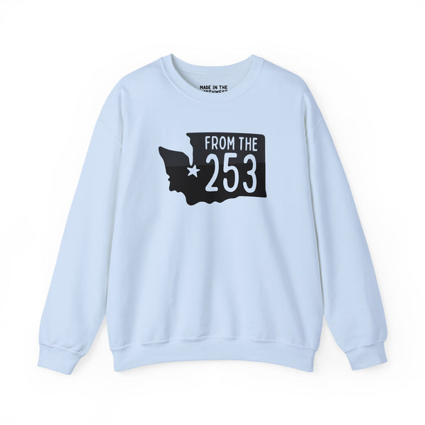 Light blue sweatshirt with 'From the 253' text and Washington state silhouette highlighting Tacoma.