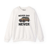 Never Say Never vintage 80s van sweatshirt with Dodge Caravan graphic, perfect for casual outings and embracing van life.