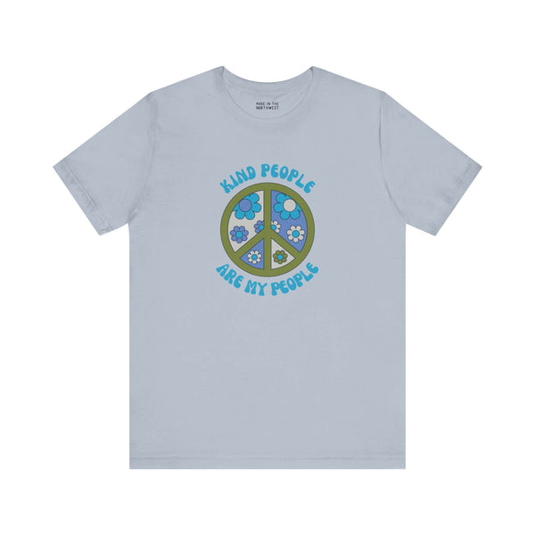 Light blue unisex tee with "Kind People Are My People" and floral peace sign design for positivity lovers.