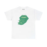 White athletic tee featuring green tongue graphic with marijuana leaves, 'Tongue Tied and Lifted' design.