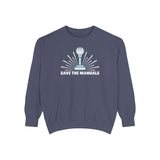 Save the Manuals Sweatshirt featuring an embroidered stick-shift graphic on a navy background.