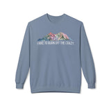 I Hike to Burn Off the Crazy Sweatshirt featuring watercolor mountain artwork in a cozy crewneck design.