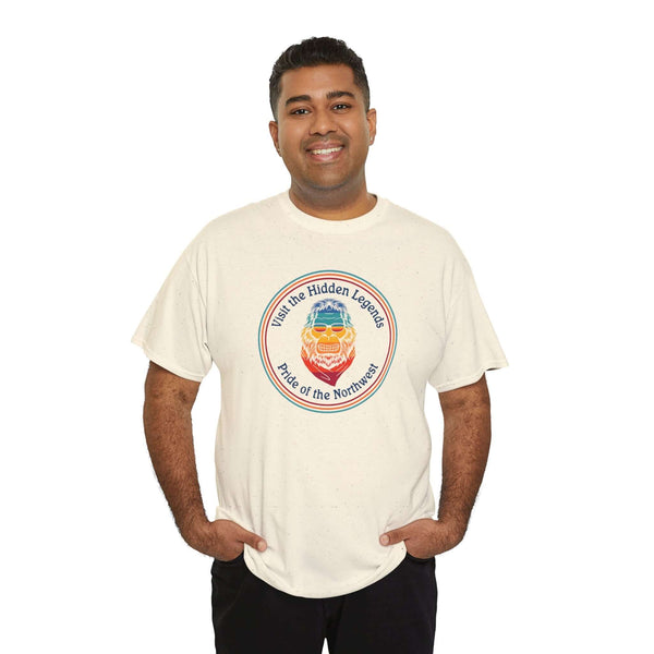 Man wearing the Hidden Legends Pride of the Northwest athletic tee with Bigfoot design.