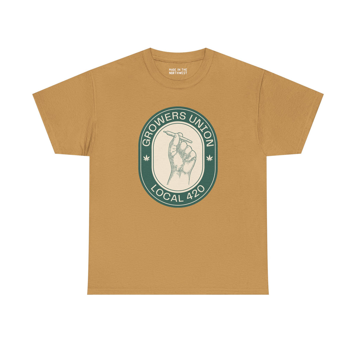 Grower's Union Local 420 athletic tee with hand holding a joint design, perfect for cannabis culture fans.