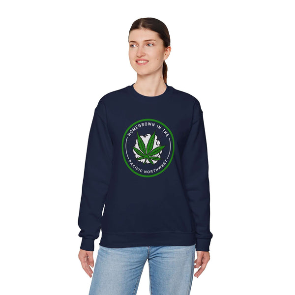 Woman wearing a navy sweatshirt with a cannabis graphic, celebrating Pacific Northwest vibes.