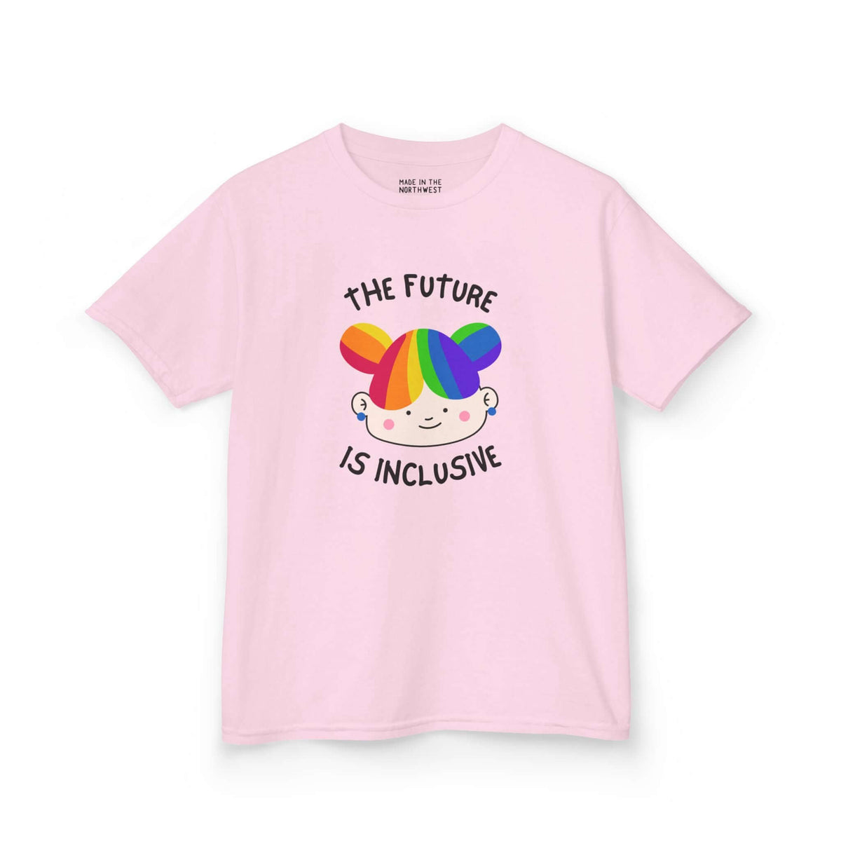 Light pink kids' tee with rainbow graphic and text 'The Future is Inclusive', promoting kindness and acceptance.