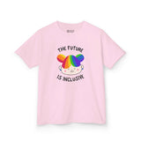 Light pink kids' tee with rainbow graphic and text 'The Future is Inclusive', promoting kindness and acceptance.