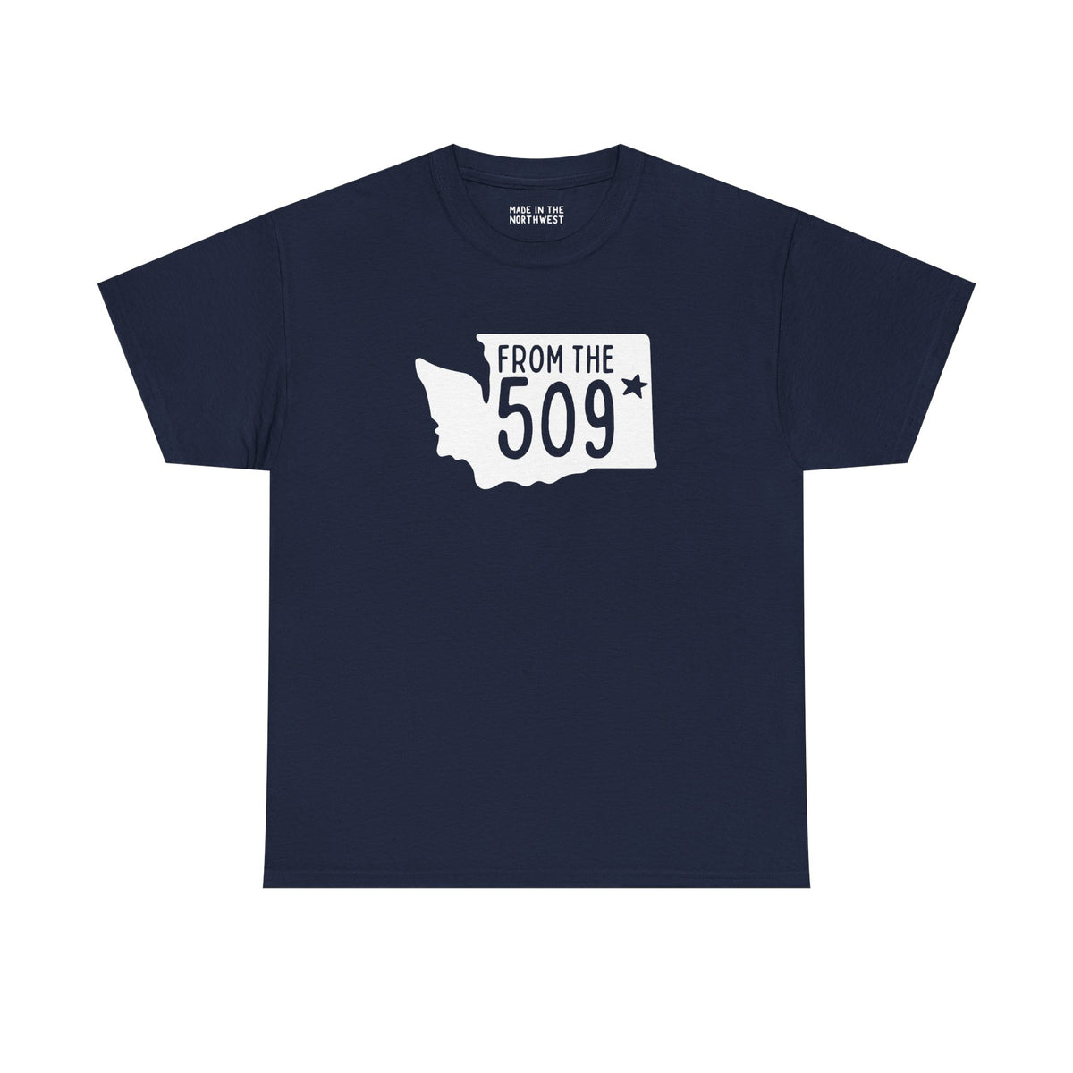 From the 509 Washington State Athletic Tee in navy, showcasing Spokane pride with state shape and star.