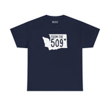 From the 509 Washington State Athletic Tee in navy, showcasing Spokane pride with state shape and star.