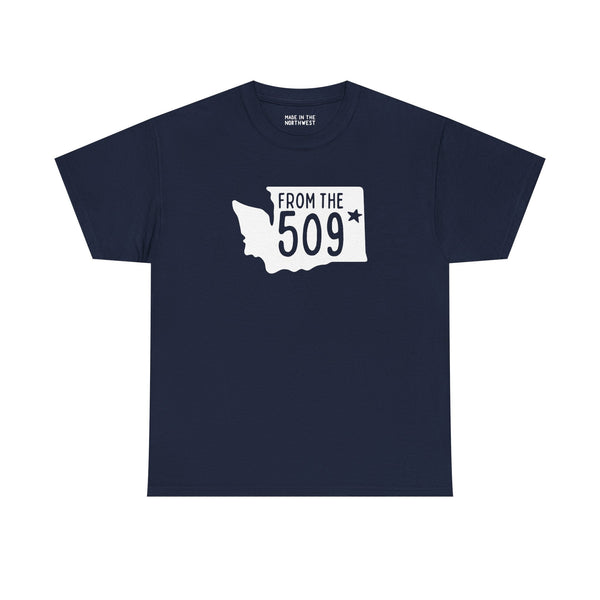 From the 509 Washington State Athletic Tee in navy, showcasing Spokane pride with state shape and star.