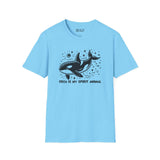 Light blue Orca Is My Spirit Animal softstyle t-shirt featuring a black orca design surrounded by stars.