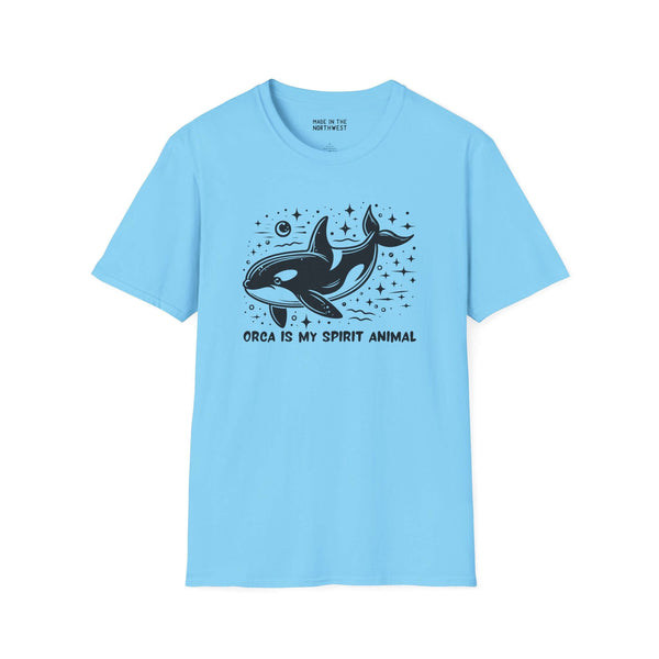 Light blue Orca Is My Spirit Animal softstyle t-shirt featuring a black orca design surrounded by stars.