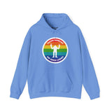 Blue hoodie featuring a rainbow circle design with Sasquatch graphic and 