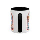 Retro Coffee Badge Mug with playful character design and contrasting black handle and interior.